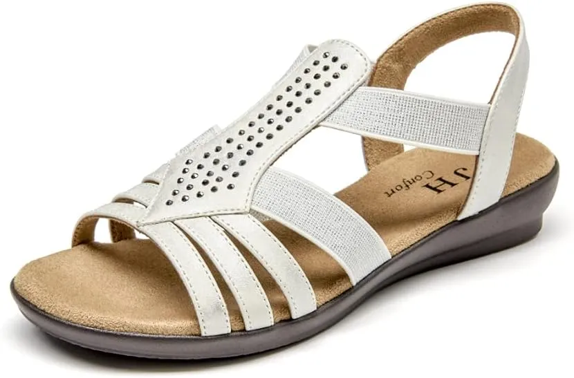 VJH confort Women's Flat Sandals, Comfort Elastic Slip-on Light Weight Slingback Casual Walking Sandals with Rhinestone