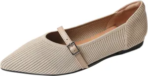 Women Knitted Striped Pointed Toe Mary Jane Flats with Adjustable Ankle Strap Comfort Casual Breathable Lightweight Washable Walking Shoes Dressy Ballet Flats for Office Dating