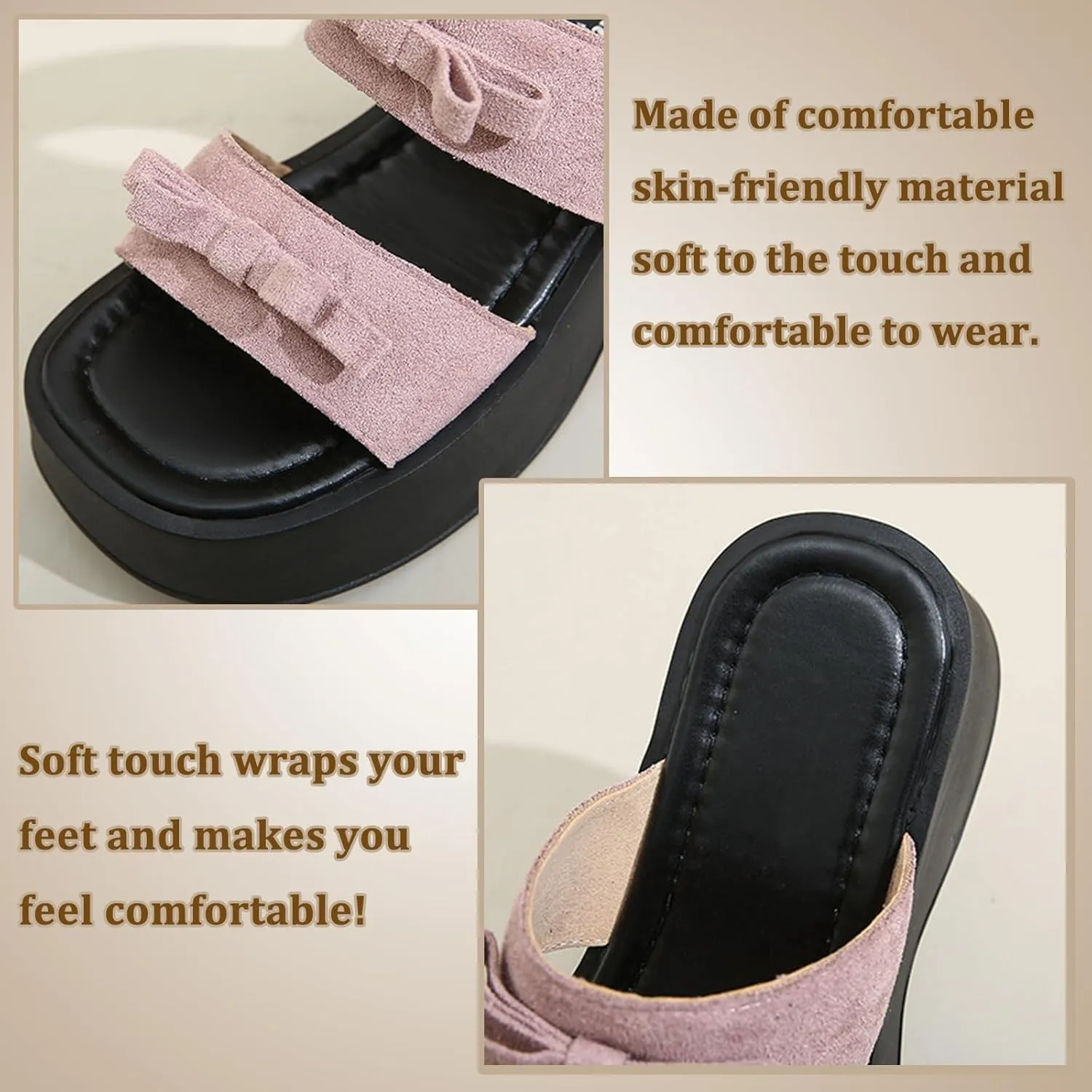 Women's Bow Platform Block Heel Slides Sandals Open Square Toe Lightweight Non Slip Fashion Slip On Shoes Beach Party Vacation Slides