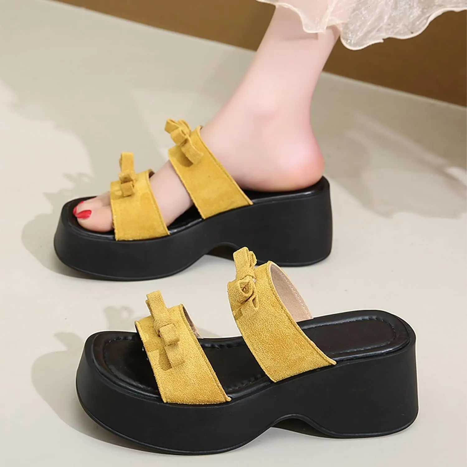 Women's Bow Platform Block Heel Slides Sandals Open Square Toe Lightweight Non Slip Fashion Slip On Shoes Beach Party Vacation Slides