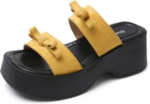 Women's Bow Platform Block Heel Slides Sandals Open Square Toe Lightweight Non Slip Fashion Slip On Shoes Beach Party Vacation Slides