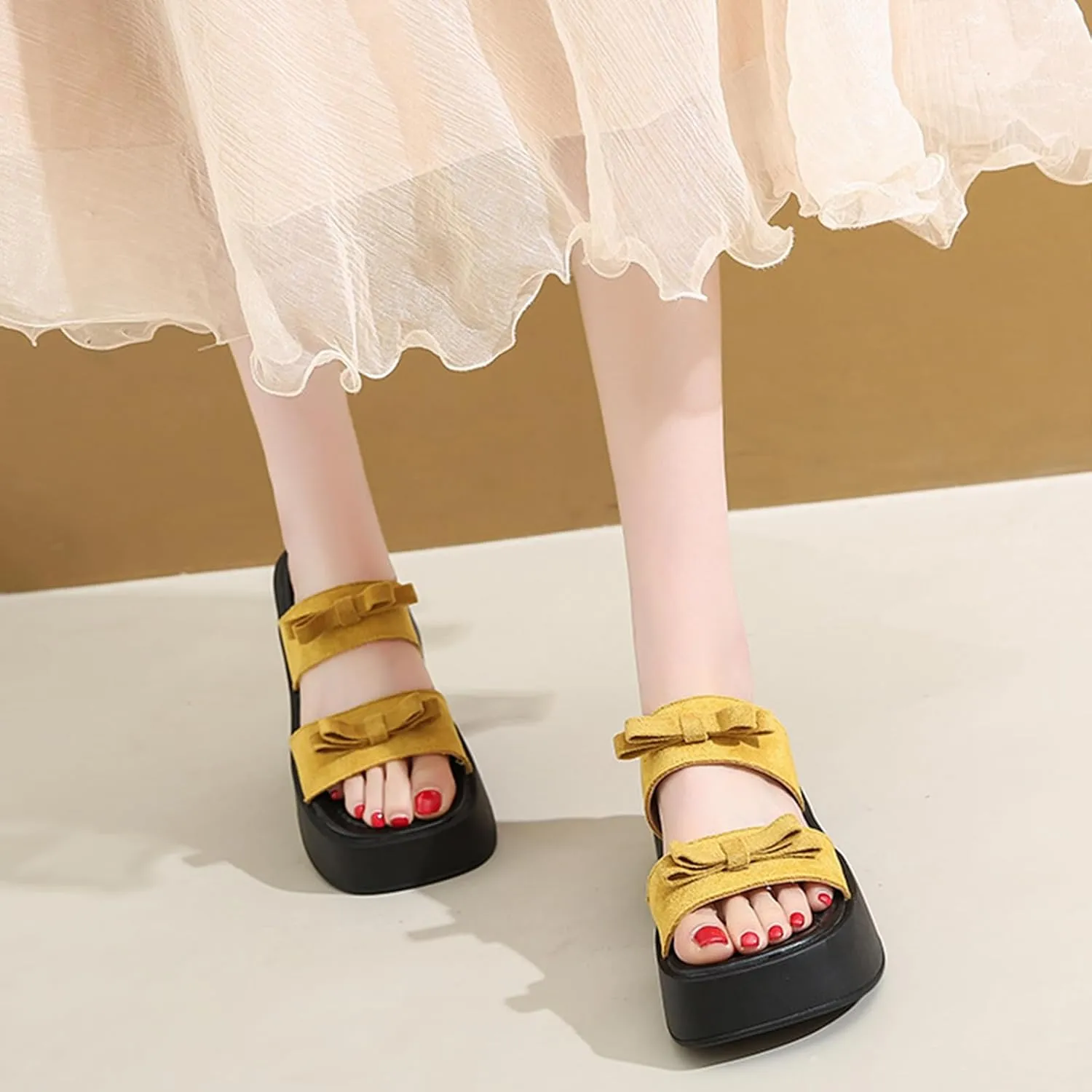 Women's Bow Platform Block Heel Slides Sandals Open Square Toe Lightweight Non Slip Fashion Slip On Shoes Beach Party Vacation Slides