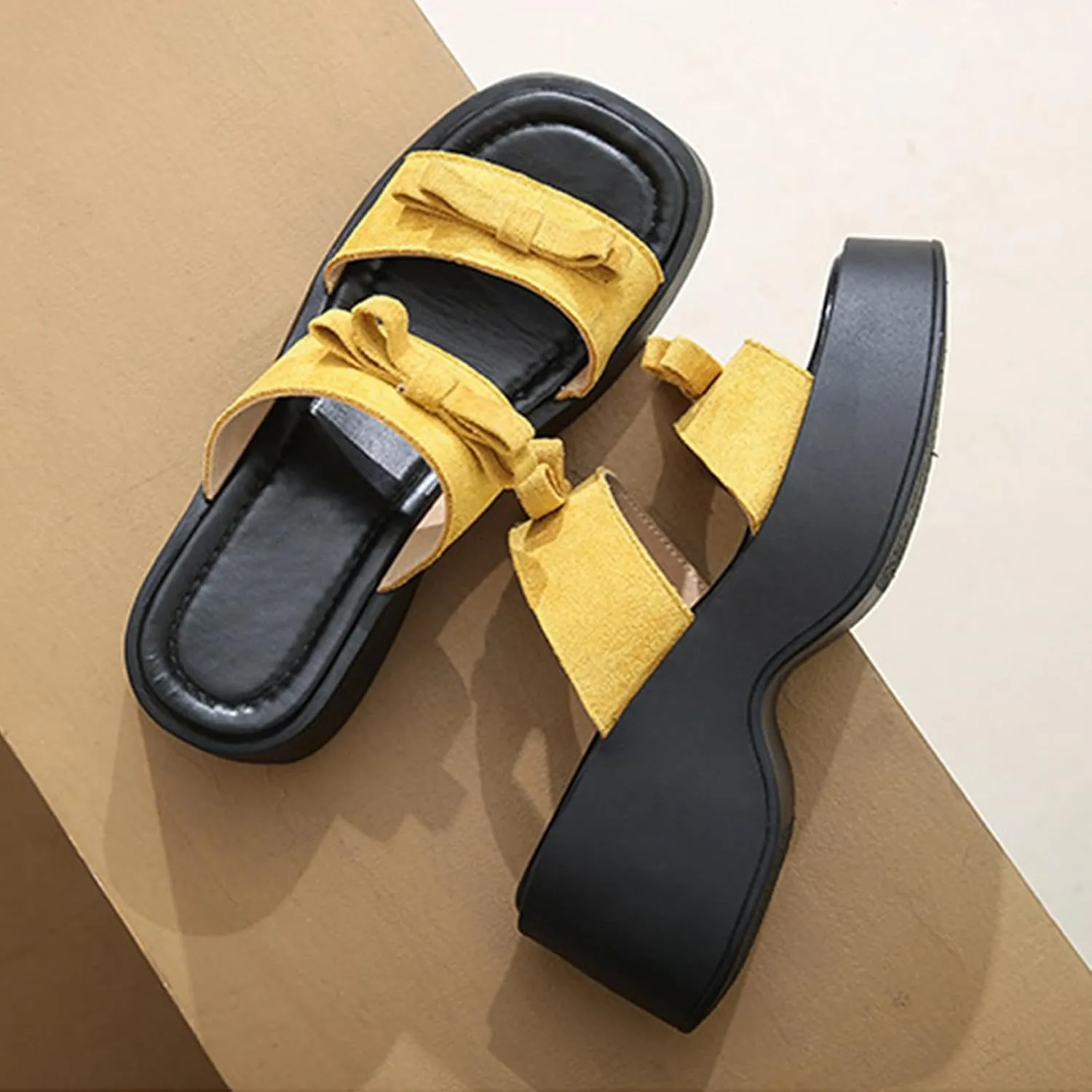 Women's Bow Platform Block Heel Slides Sandals Open Square Toe Lightweight Non Slip Fashion Slip On Shoes Beach Party Vacation Slides