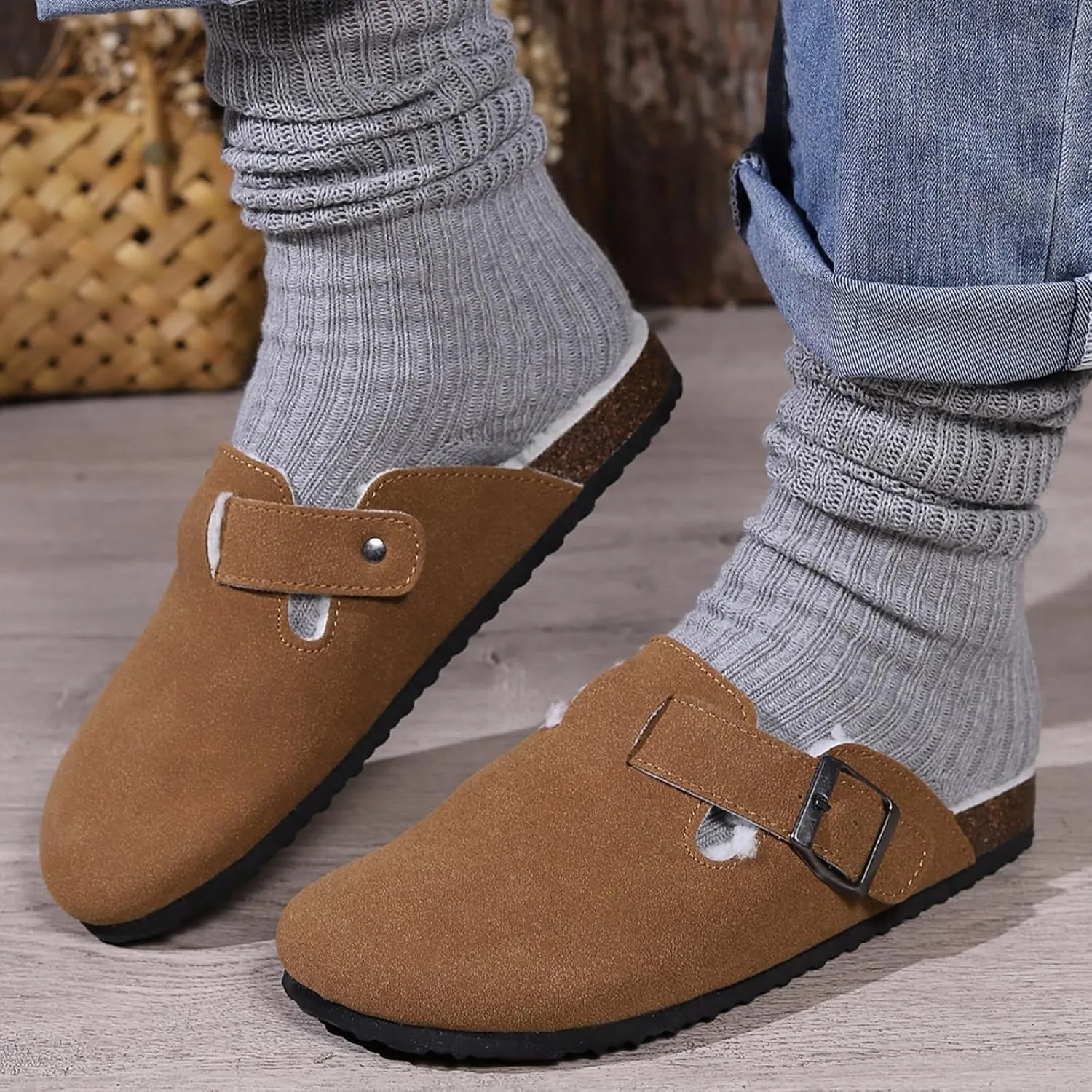 Women's Faux Suede Slip-On Clogs with Buckle Strap Faux Fur Lining Womens Slippers