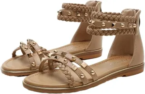 Women's Flat Sandals Summer Beach Sandal T-Strap Rhinestone Beaded Bohemia Shoes