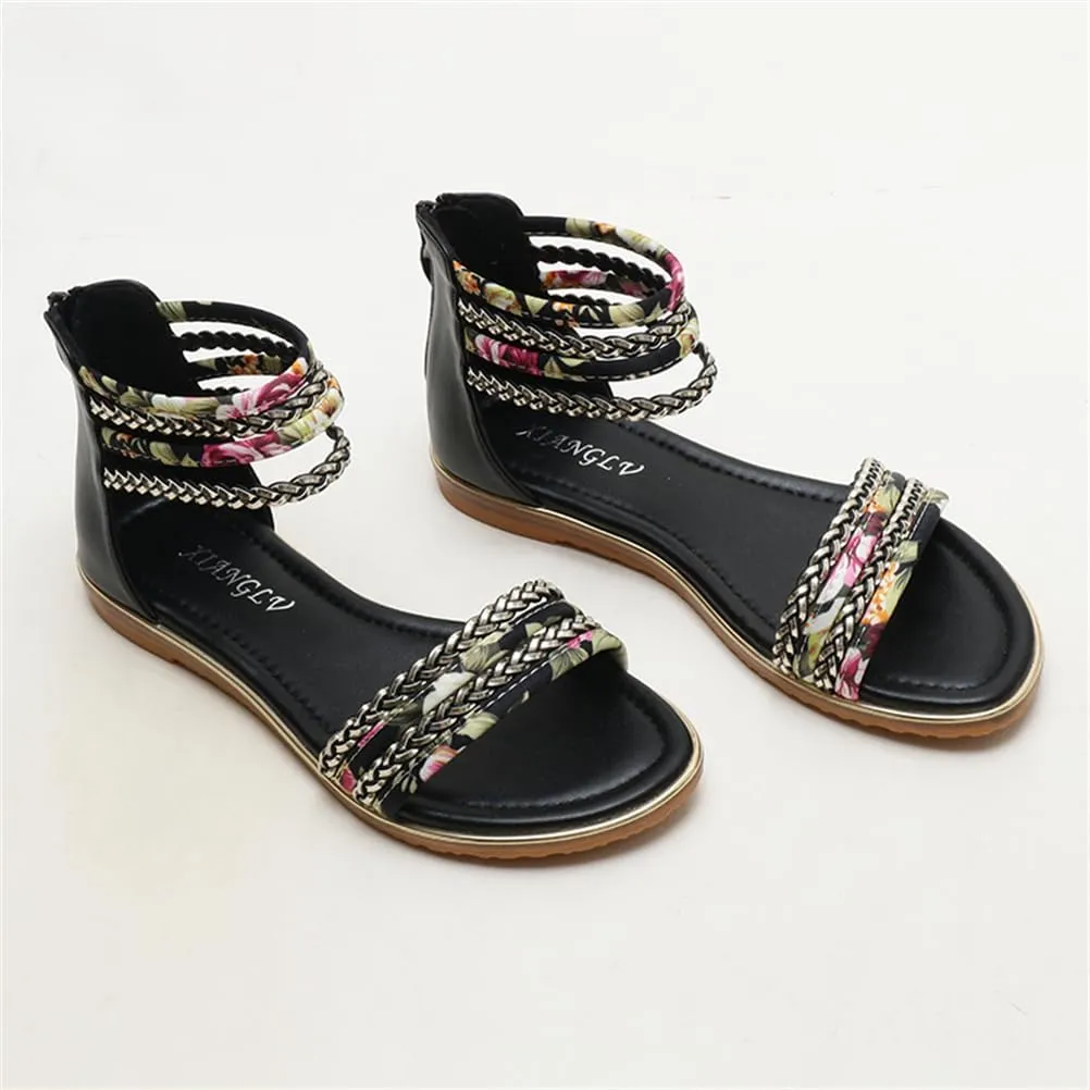 Women's Flat Sandals Summer Beach Sandal T-Strap Rhinestone Beaded Bohemia Shoes