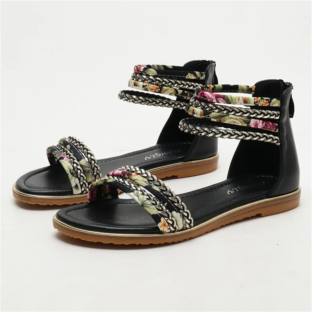 Women's Flat Sandals Summer Beach Sandal T-Strap Rhinestone Beaded Bohemia Shoes