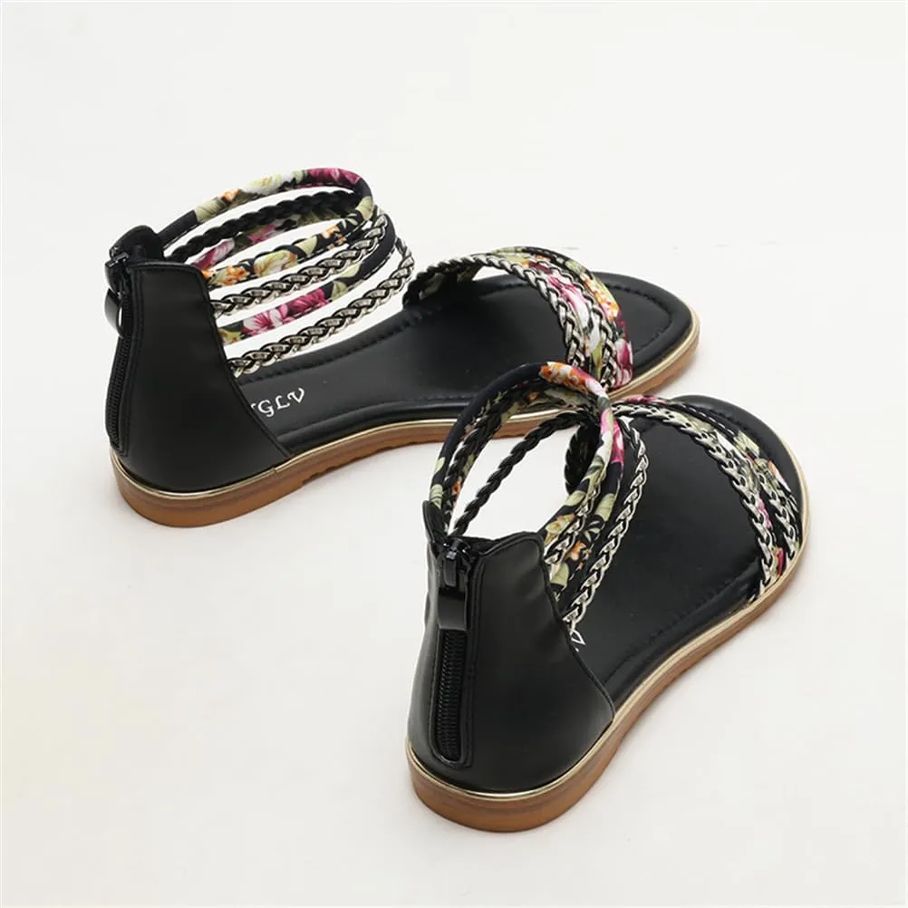 Women's Flat Sandals Summer Beach Sandal T-Strap Rhinestone Beaded Bohemia Shoes
