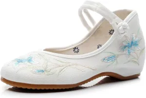 Women's Floral Embroidered Buckle Flat Shoes Handmade Flower Embroidery Round Toe Dress Mary Jane Shoes Cheongsam Shoes