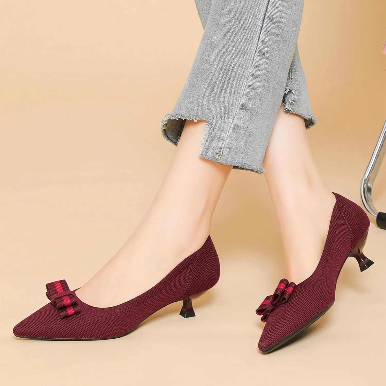 Women's Knitted Kitten Low Heels with Bow Pointed Closed Toe Slip On Comfort Pumps Casual Work Office Dress Shoes