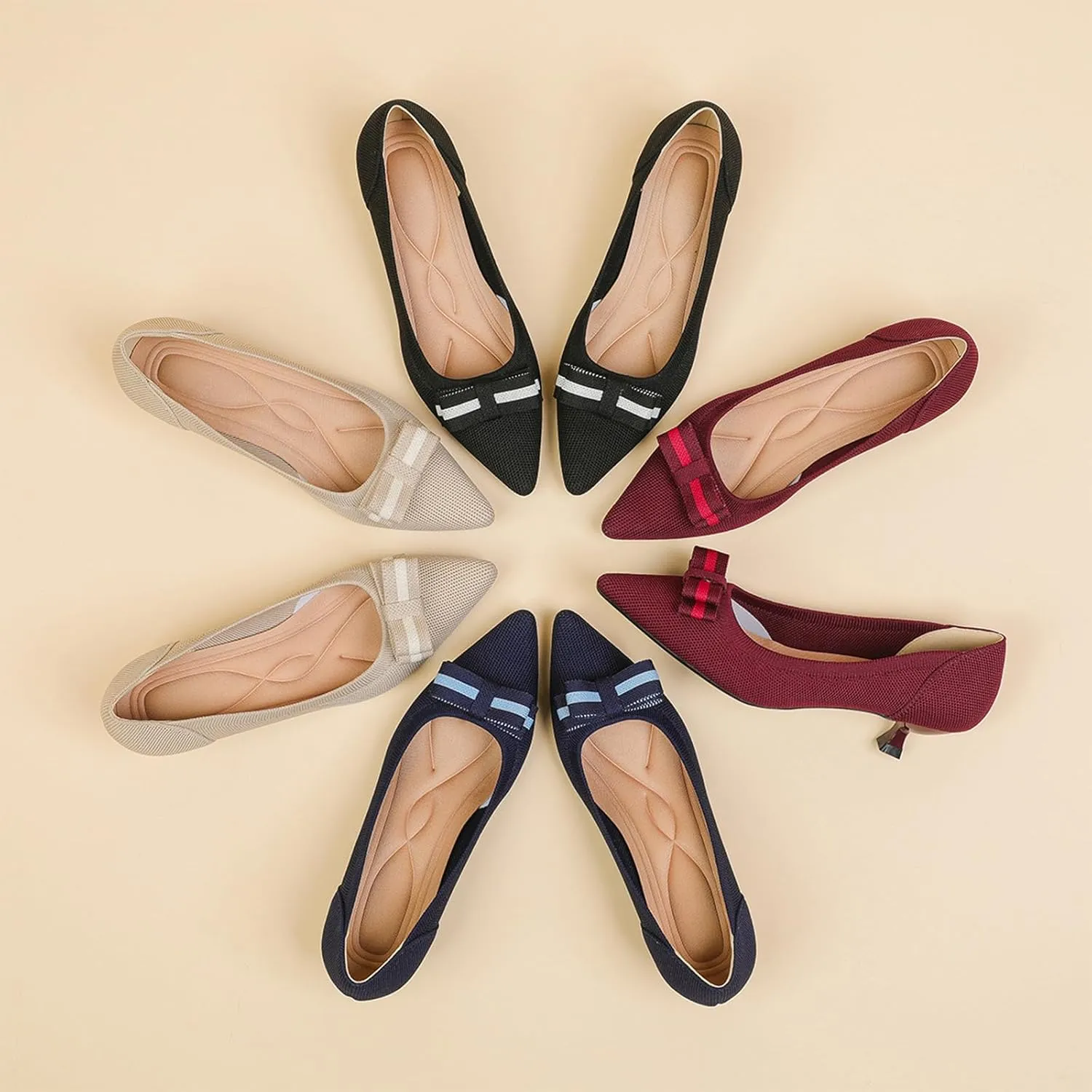 Women's Knitted Kitten Low Heels with Bow Pointed Closed Toe Slip On Comfort Pumps Casual Work Office Dress Shoes