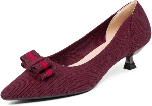 Women's Knitted Kitten Low Heels with Bow Pointed Closed Toe Slip On Comfort Pumps Casual Work Office Dress Shoes