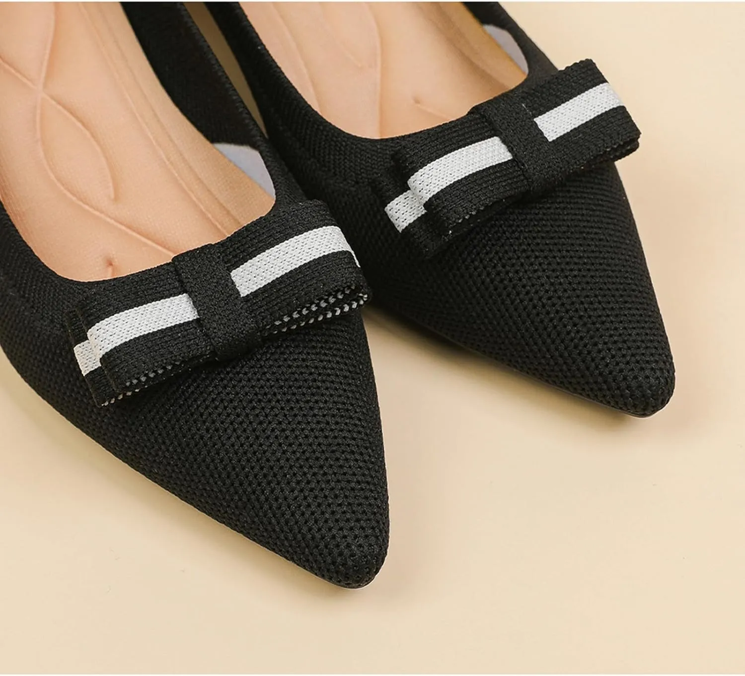 Women's Knitted Kitten Low Heels with Bow Pointed Closed Toe Slip On Comfort Pumps Casual Work Office Dress Shoes