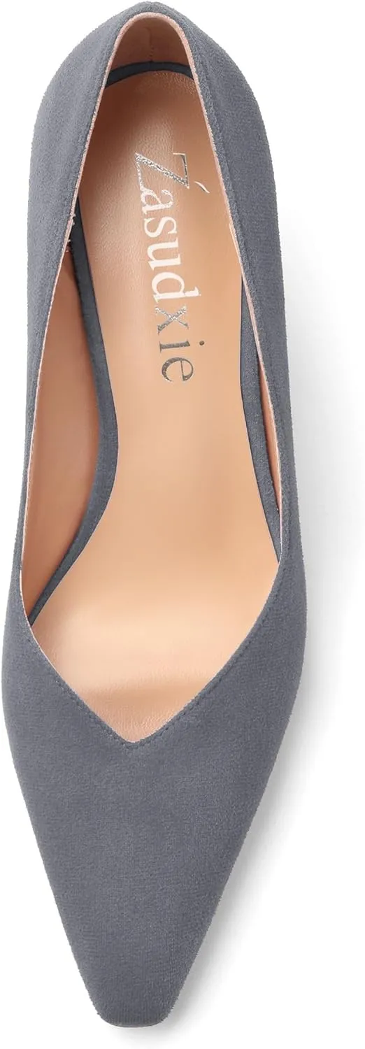 Womens Office Casual Pointed Toe Suede Slip On Stiletto Mid Heel Pumps Shoes 2.55 Inch