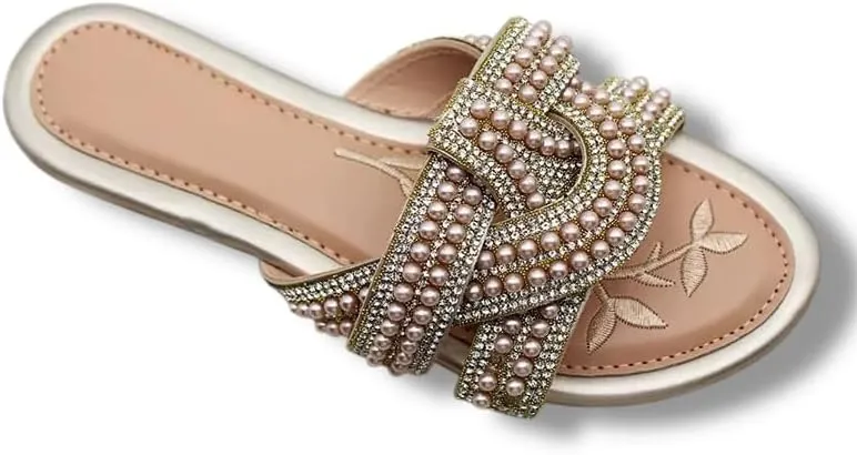 Women's Pearl Embellished Slide Sandals, Flat Comfort Slippers, 3 Colors - Black, White, Beige