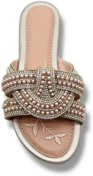 Women's Pearl Embellished Slide Sandals, Flat Comfort Slippers, 3 Colors - Black, White, Beige