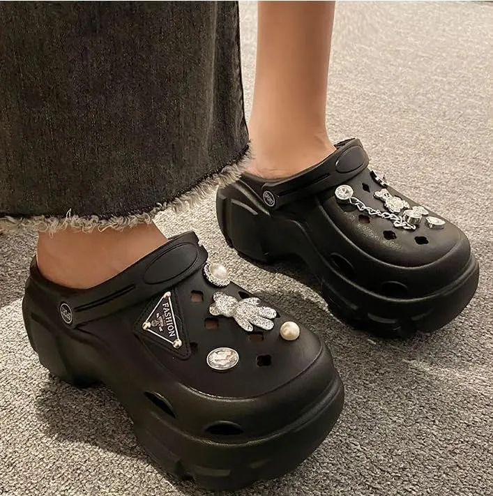 Women's Platform Clogs Slip On Slides Shoes Beach Sandals Gardener Clog Hight Heels Mule Slippers Garden Shoes DIY Accessories Sandals