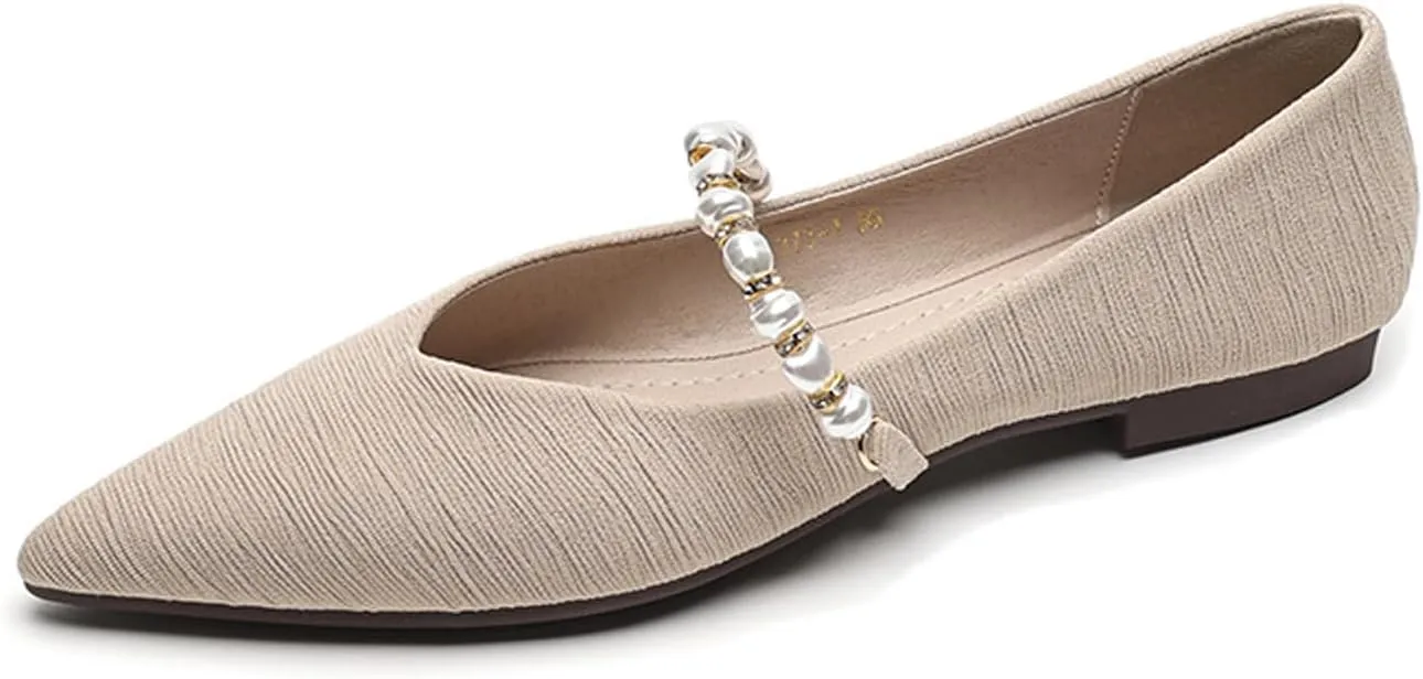 Women's Pointed Toe Pearl Flat Mary Jane Shoes Casual Slip-on Comfort Ballet Flats Shoes for Banquet Party