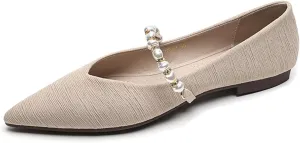 Women's Pointed Toe Pearl Flat Mary Jane Shoes Casual Slip-on Comfort Ballet Flats Shoes for Banquet Party