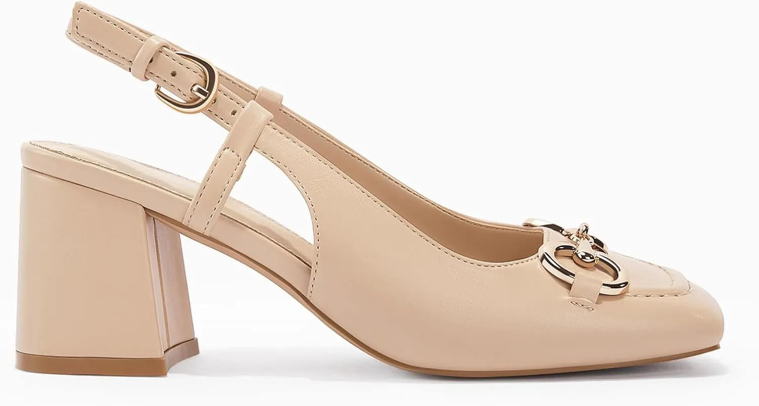 Womens Slingback Block Heels Closed Square Toe Dress Work Shoes Slip on Buckle Strap Business Pumps