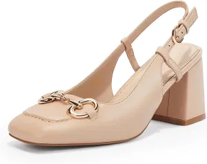 Womens Slingback Block Heels Closed Square Toe Dress Work Shoes Slip on Buckle Strap Business Pumps