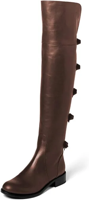 XYD Women Over The Knee Thigh High Leather Riding Boots Chunky Heel Round Toe Cute Rear Bowknots Stretchy Zipper Flat Booties Shoes