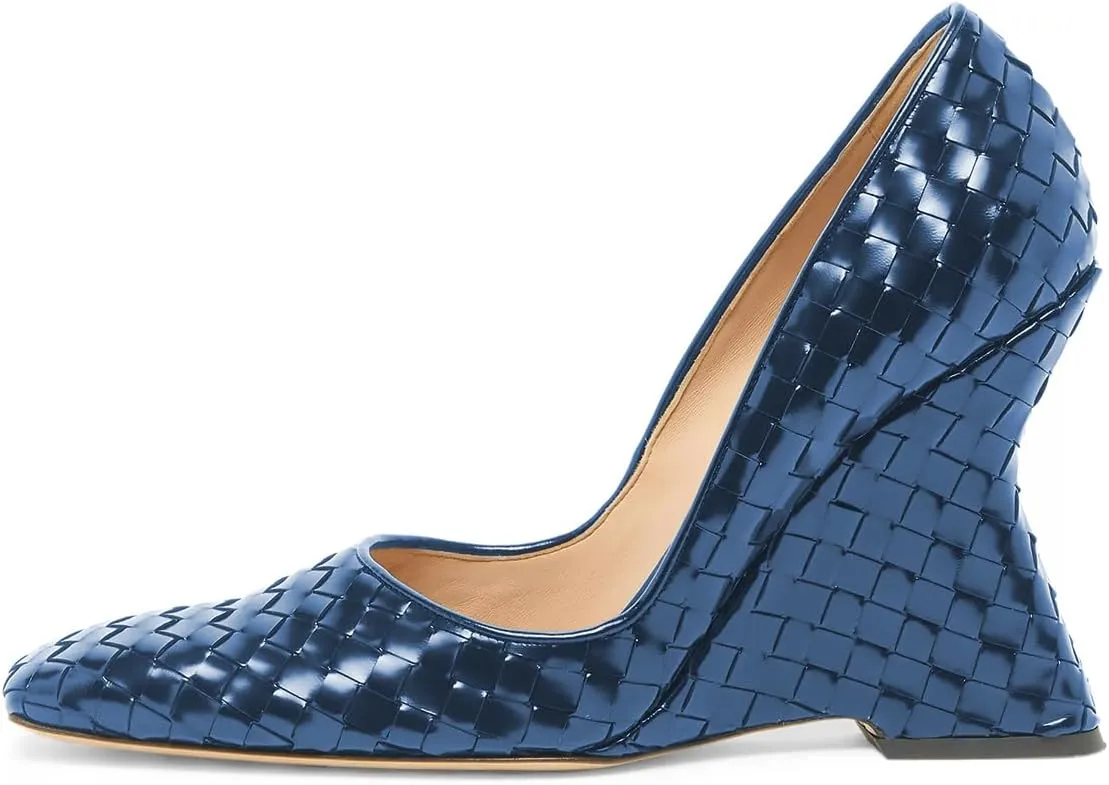YDN Women Braid Pumps Wedge High Heels Closed Square Toe Slip On Shoes Dressy Business Prom Size 4-16 US