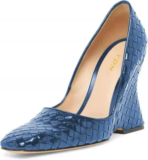 YDN Women Braid Pumps Wedge High Heels Closed Square Toe Slip On Shoes Dressy Business Prom Size 4-16 US