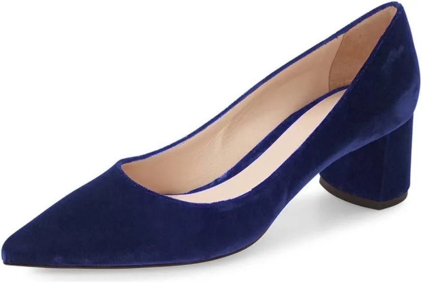 YDN Women Chunky Low Heel Pumps Pointy Toe Suede Slip On Classic Casual Block Shoes