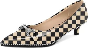 YODEKS Women Low Kitten Heel Pumps Slip On 1.5 Inch Pointed Toe Rhinestones Buckle Shoes Size 5-13