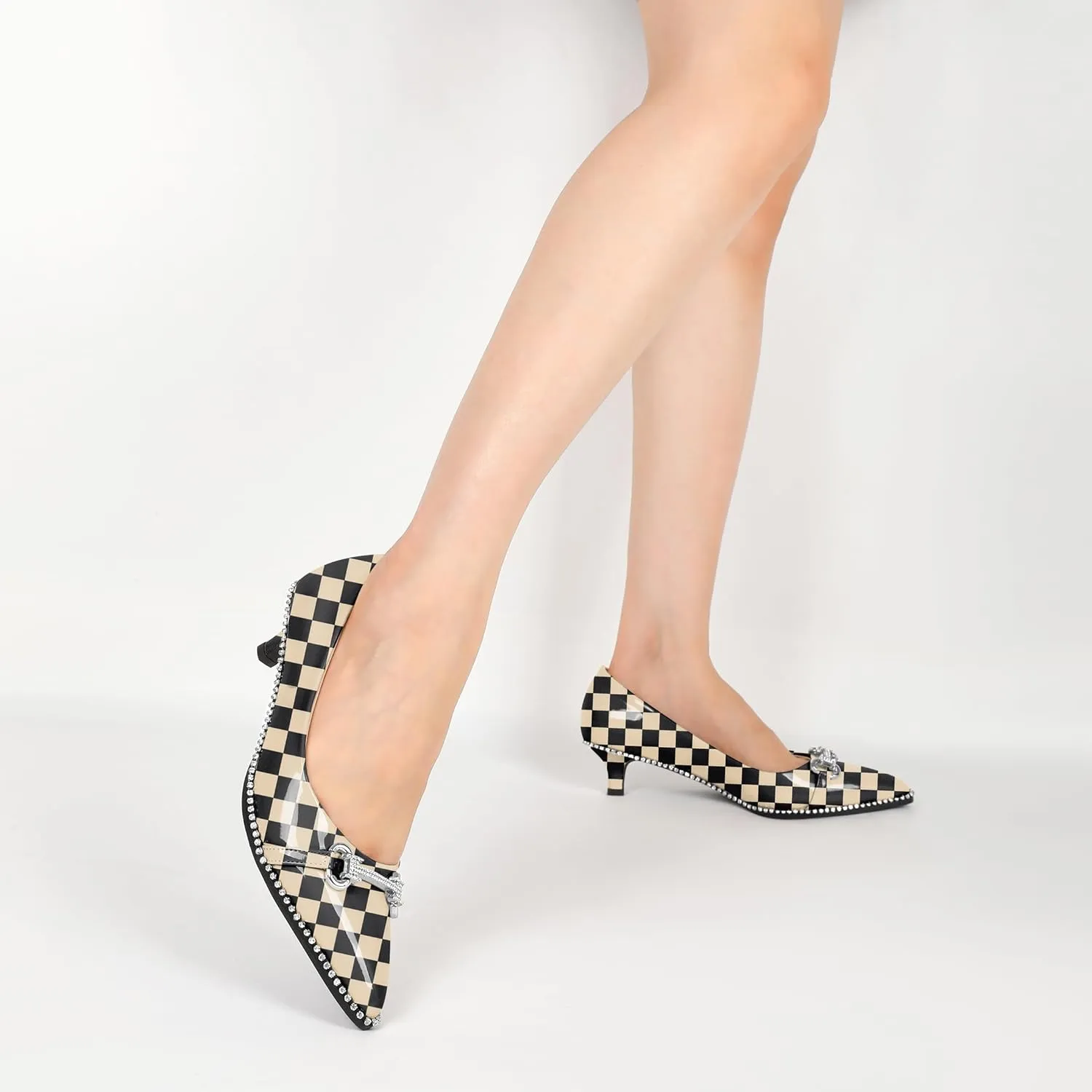 YODEKS Women Low Kitten Heel Pumps Slip On 1.5 Inch Pointed Toe Rhinestones Buckle Shoes Size 5-13