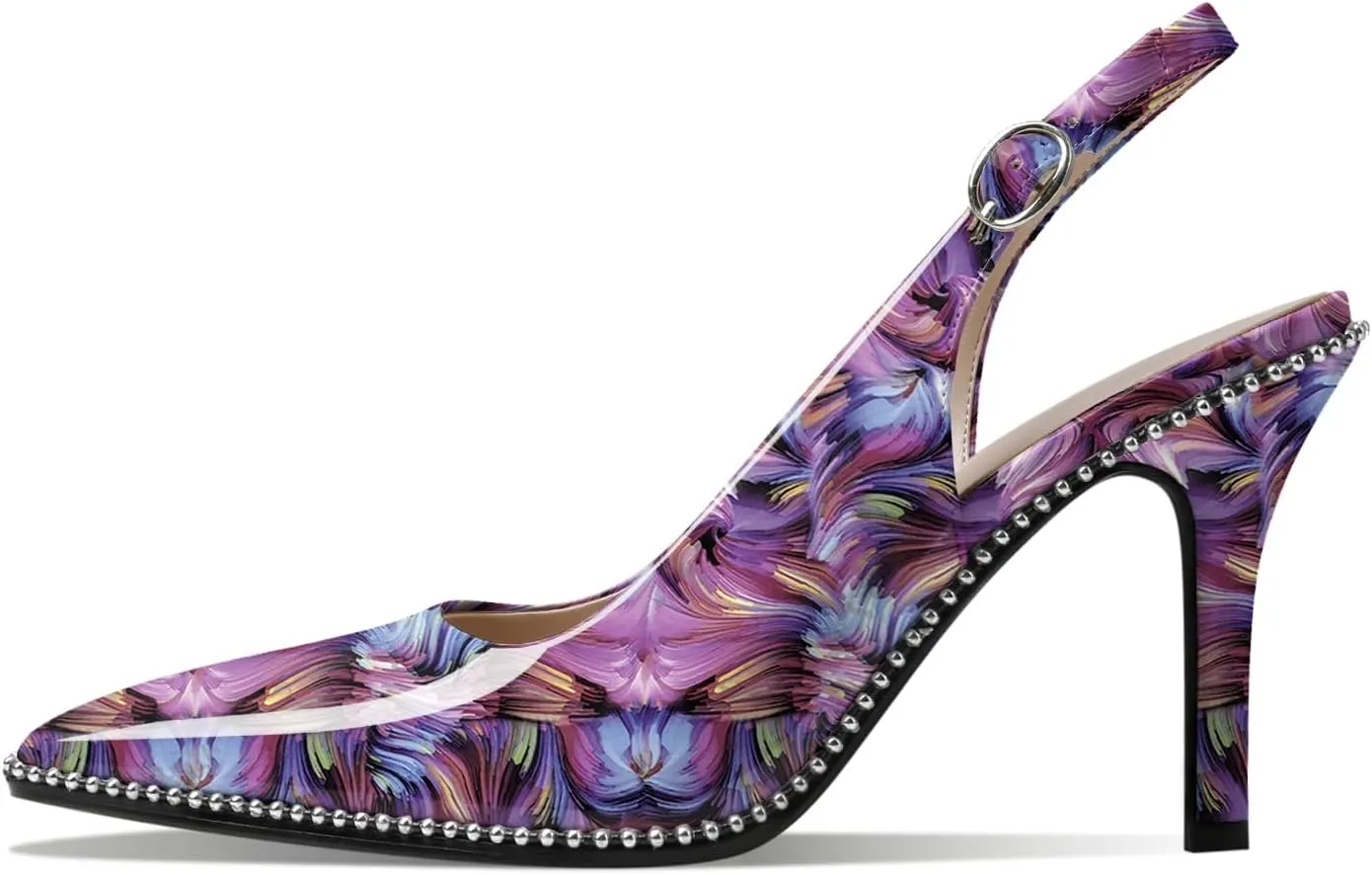 Zamikoo Women Beaded Pumps High Heel Slingback Pointed Toe Slip On 3.5 Inch Stilettos Ankle Strap Adjustable Buckle Patent Leather US Size 5 -Size 13