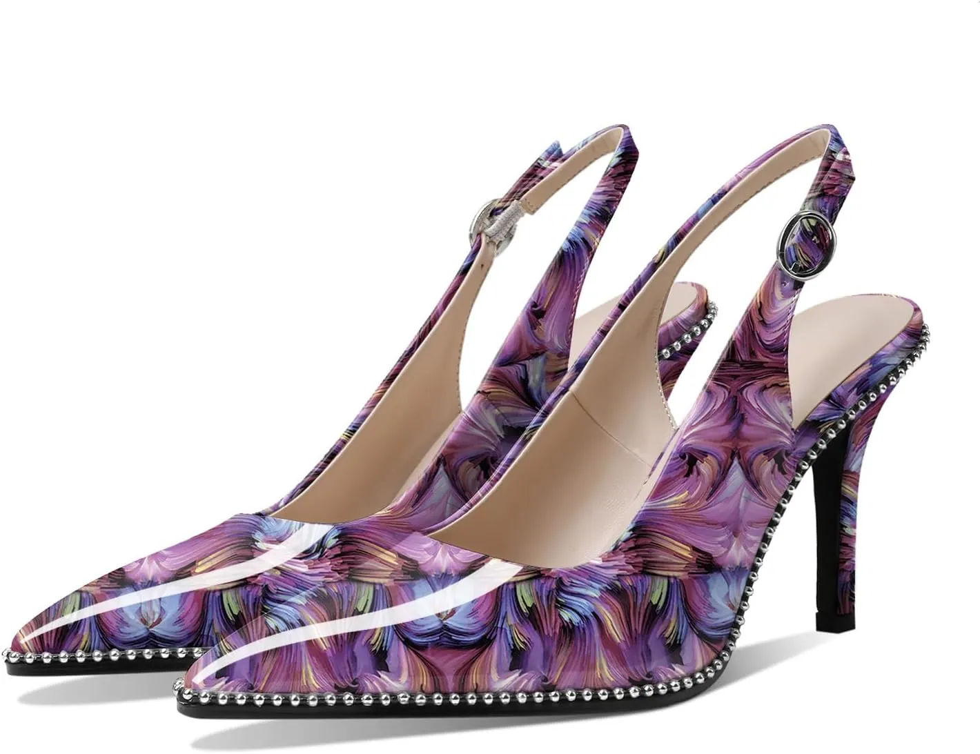 Zamikoo Women Beaded Pumps High Heel Slingback Pointed Toe Slip On 3.5 Inch Stilettos Ankle Strap Adjustable Buckle Patent Leather US Size 5 -Size 13