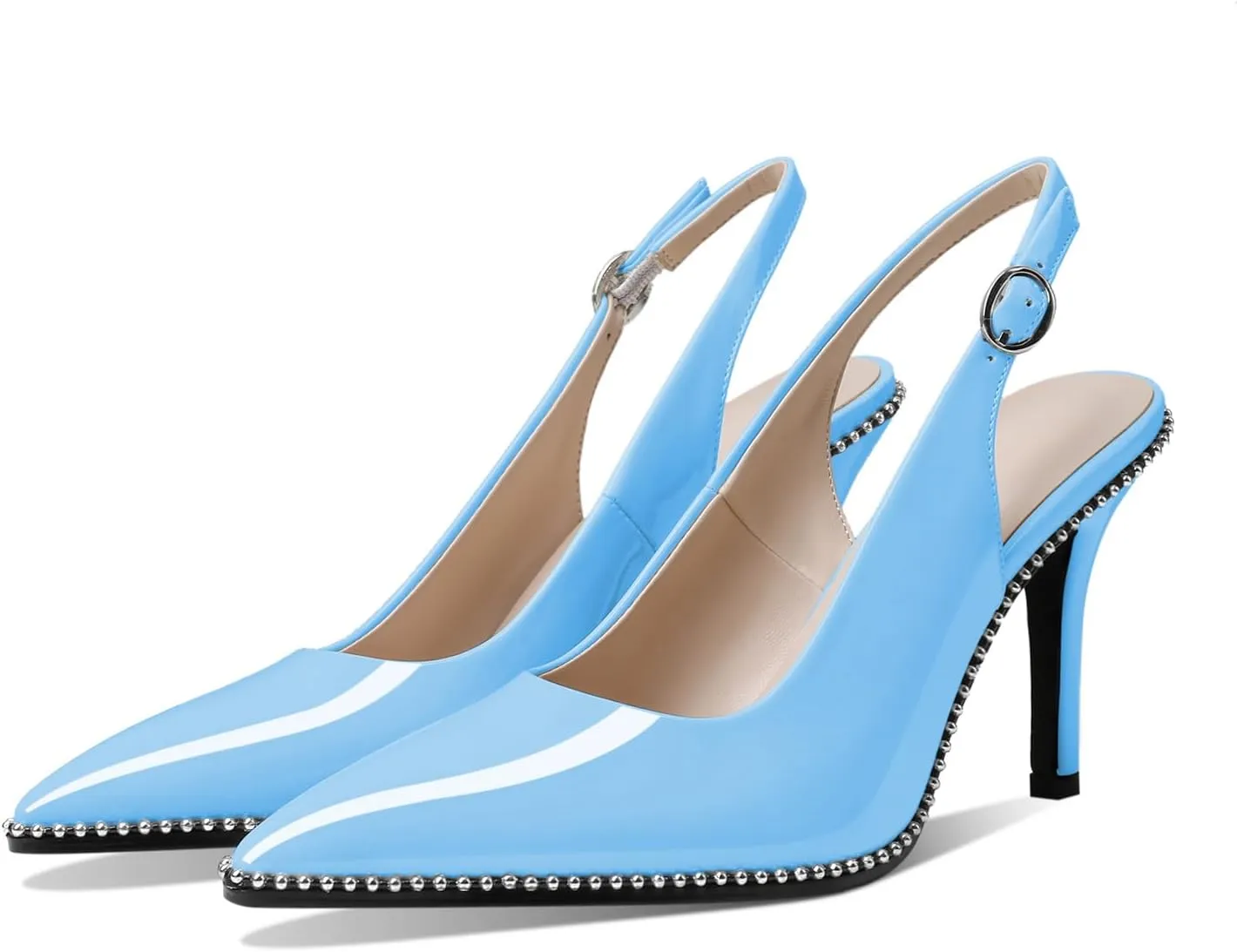 Zamikoo Women Beaded Pumps High Heel Slingback Pointed Toe Slip On 3.5 Inch Stilettos Ankle Strap Adjustable Buckle Patent Leather US Size 5 -Size 13