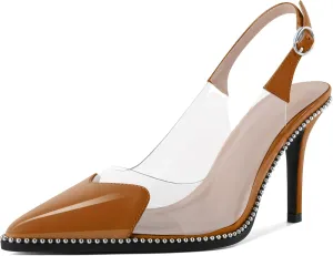 Zamikoo Women Sling Back Heels Pointed Toe Slip On Beaded Clear Transparent Heart Pattern High Heel Stilettos