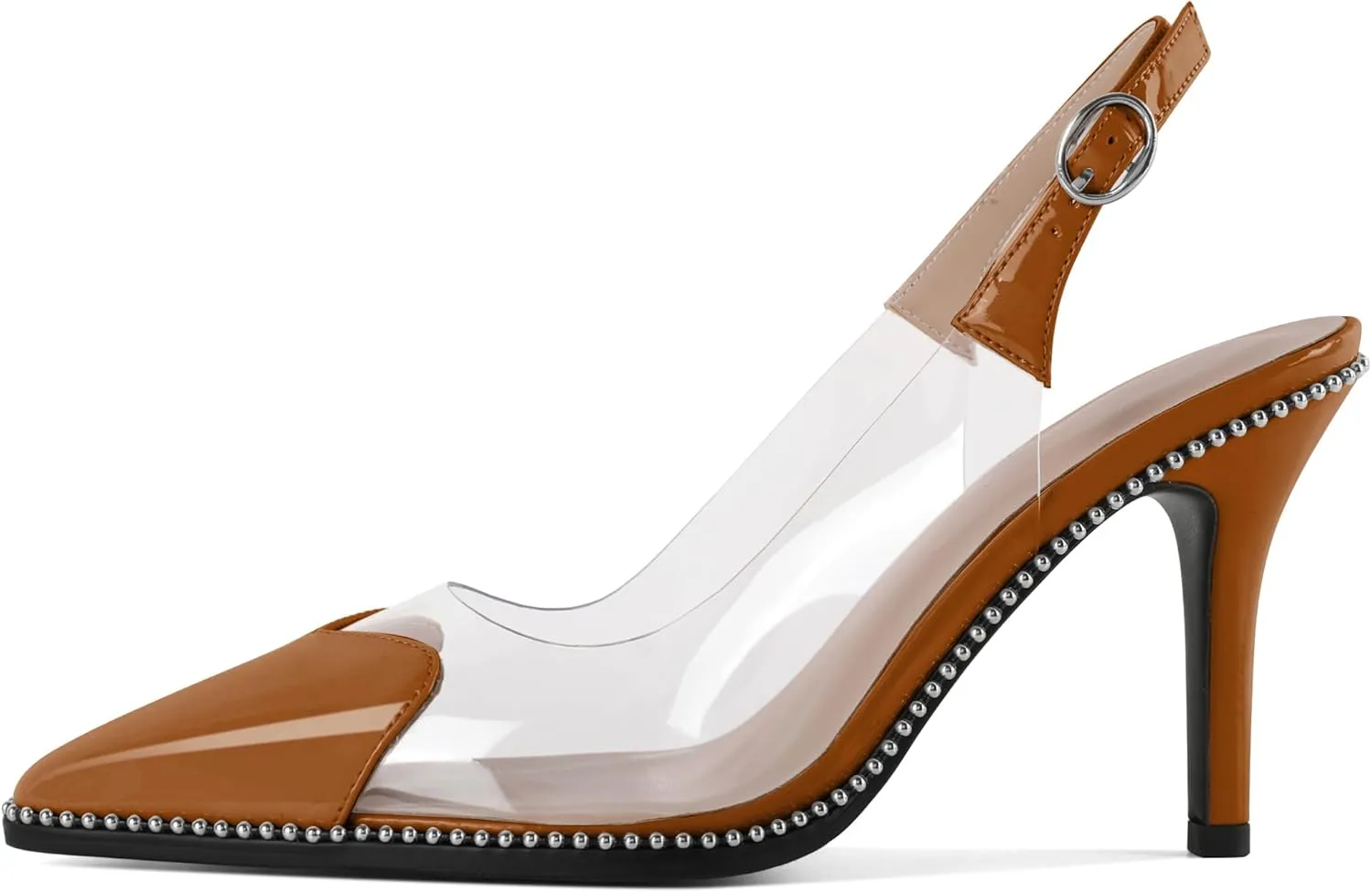 Zamikoo Women Sling Back Heels Pointed Toe Slip On Beaded Clear Transparent Heart Pattern High Heel Stilettos