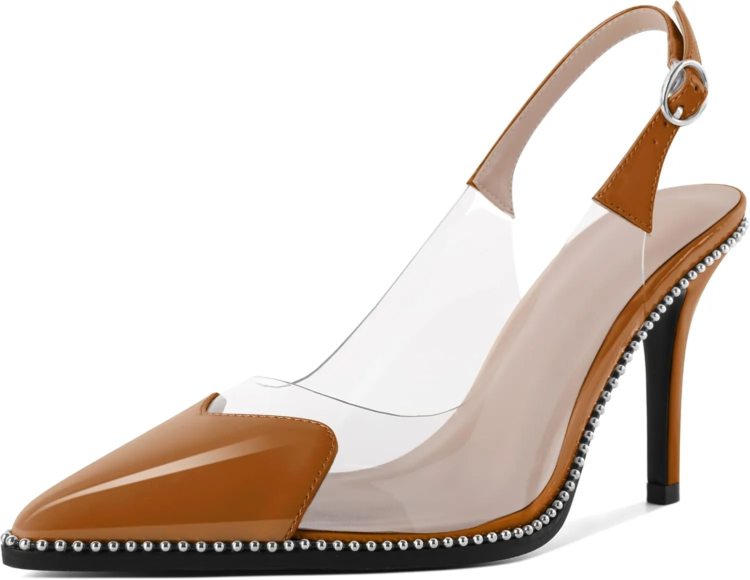 Zamikoo Women Sling Back Heels Pointed Toe Slip On Beaded Clear Transparent Heart Pattern High Heel Stilettos