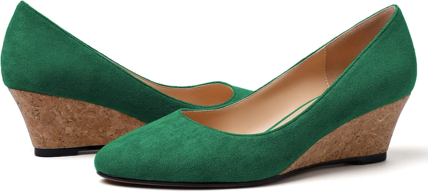 Zamikoo Women's Pointed Toe Pumps Shoes 2 Inch Wedge Low Heel Basic Slip On Leather Suede US Size 5- Size 13