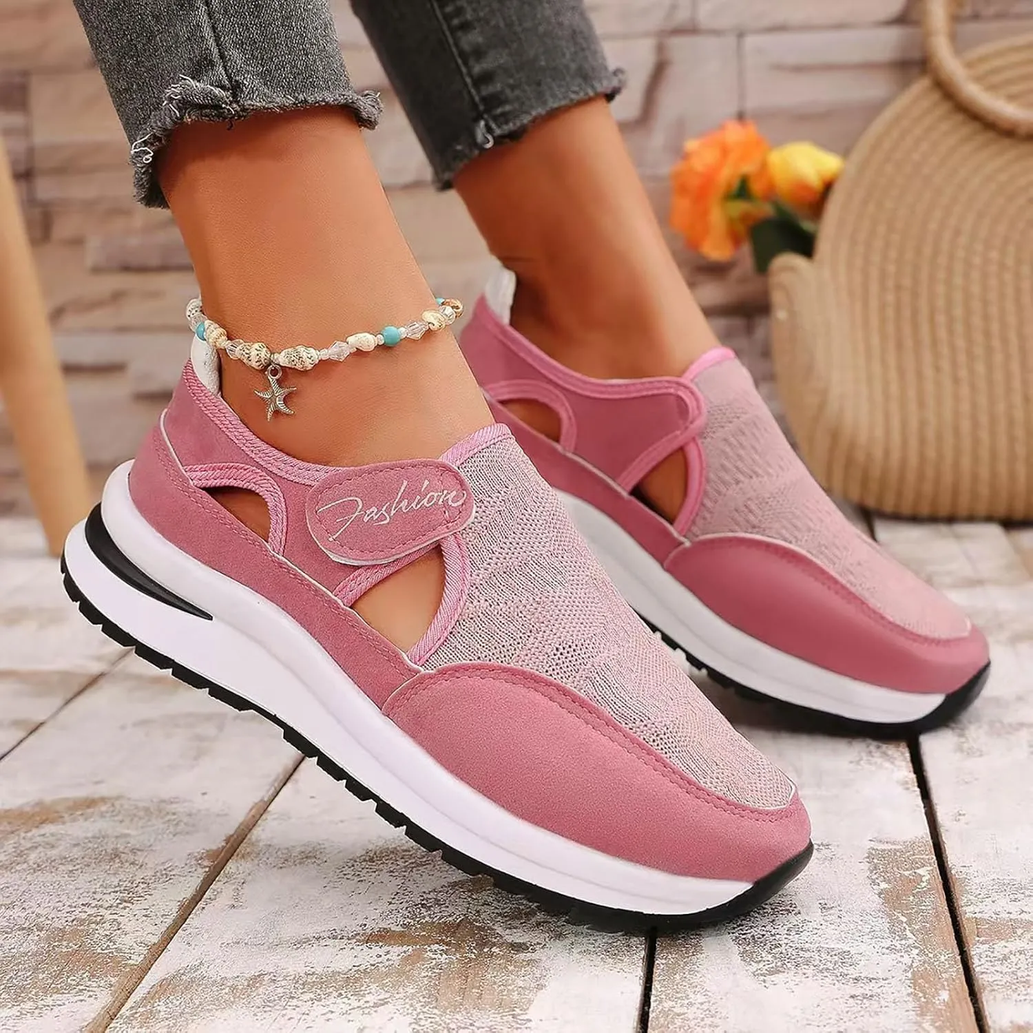 ZSpzx Women's Summer Walking Shoes Hollow Mesh Knit Breathable Running Sneakers Comfy Lightweight Non Slip Air Cushioned Daily Wear Arch Support Shoe Fashionable Mesh Women Casual Platform Footwear