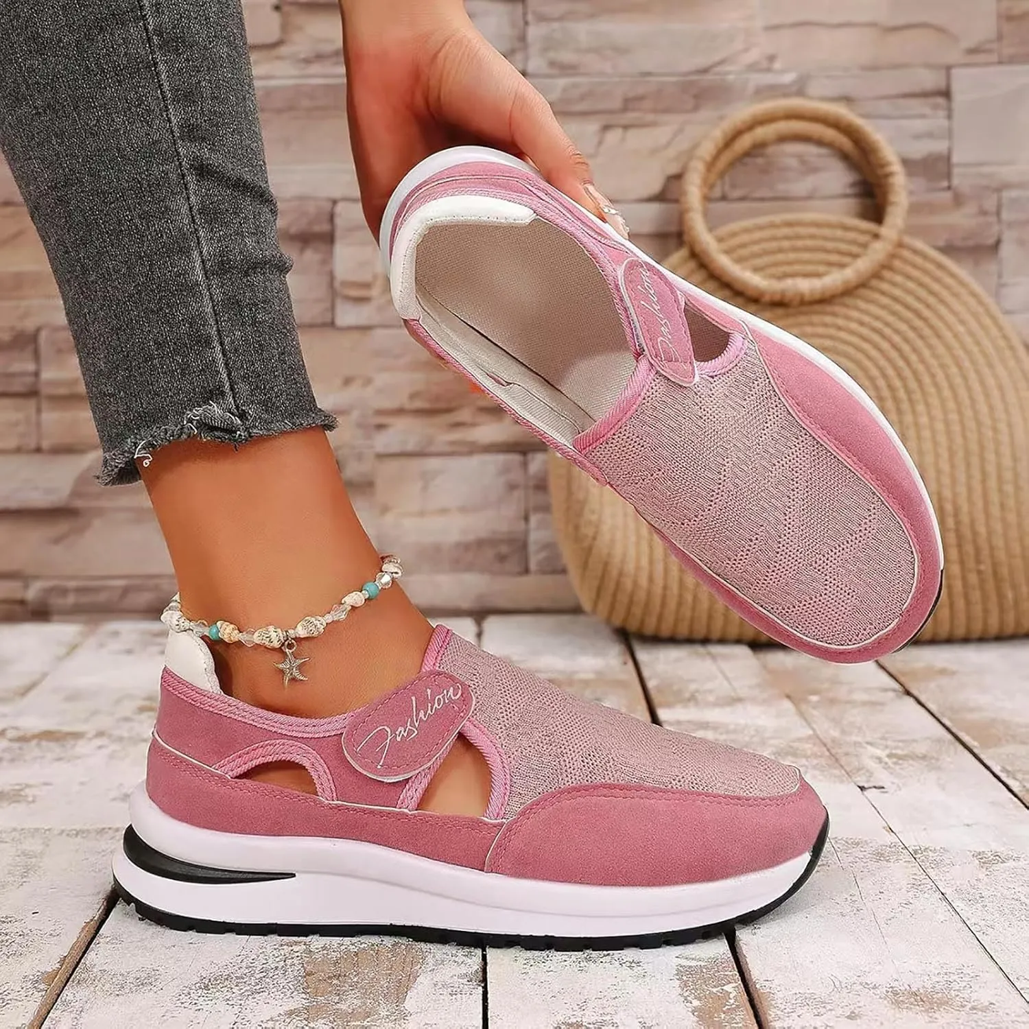 ZSpzx Women's Summer Walking Shoes Hollow Mesh Knit Breathable Running Sneakers Comfy Lightweight Non Slip Air Cushioned Daily Wear Arch Support Shoe Fashionable Mesh Women Casual Platform Footwear