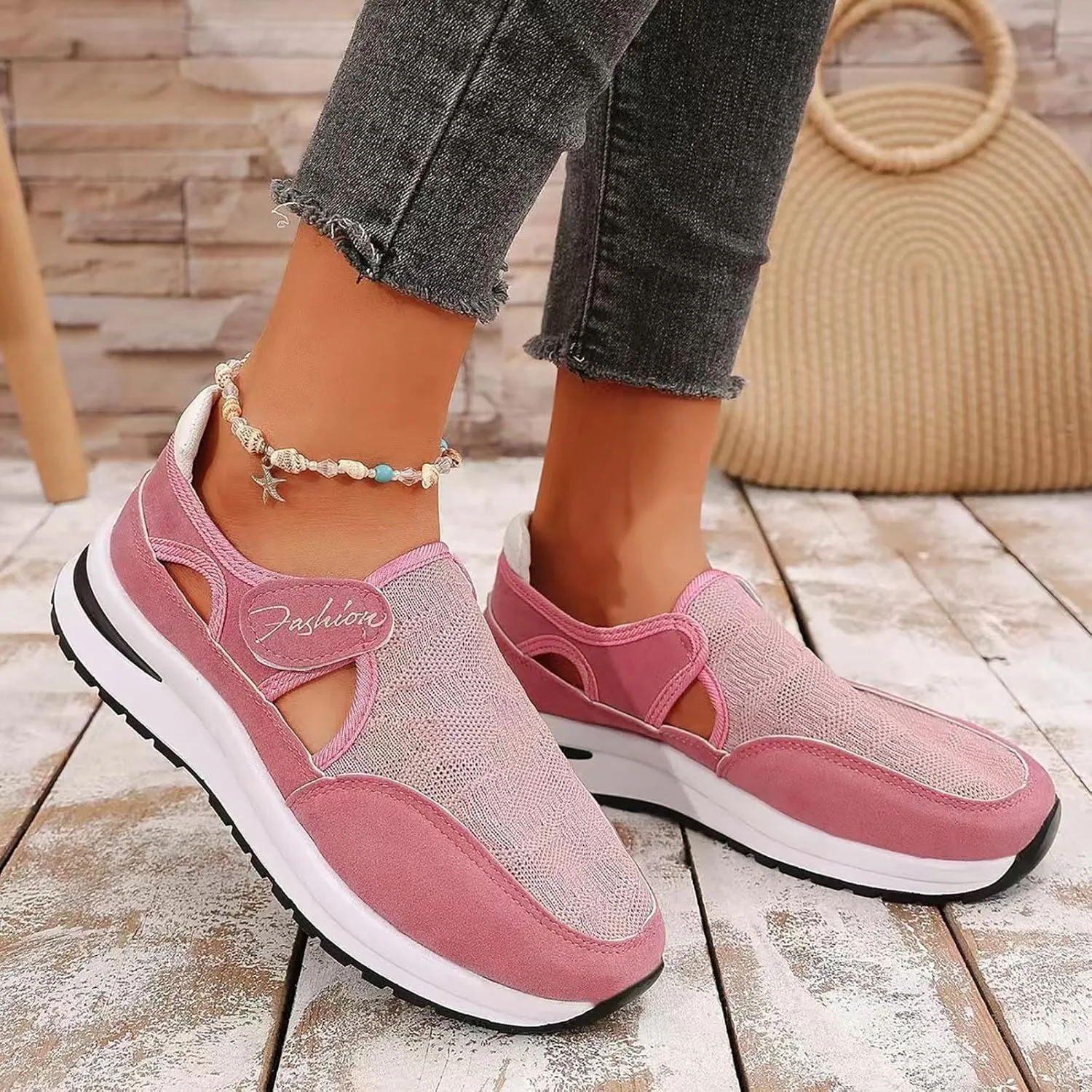 ZSpzx Women's Summer Walking Shoes Hollow Mesh Knit Breathable Running Sneakers Comfy Lightweight Non Slip Air Cushioned Daily Wear Arch Support Shoe Fashionable Mesh Women Casual Platform Footwear